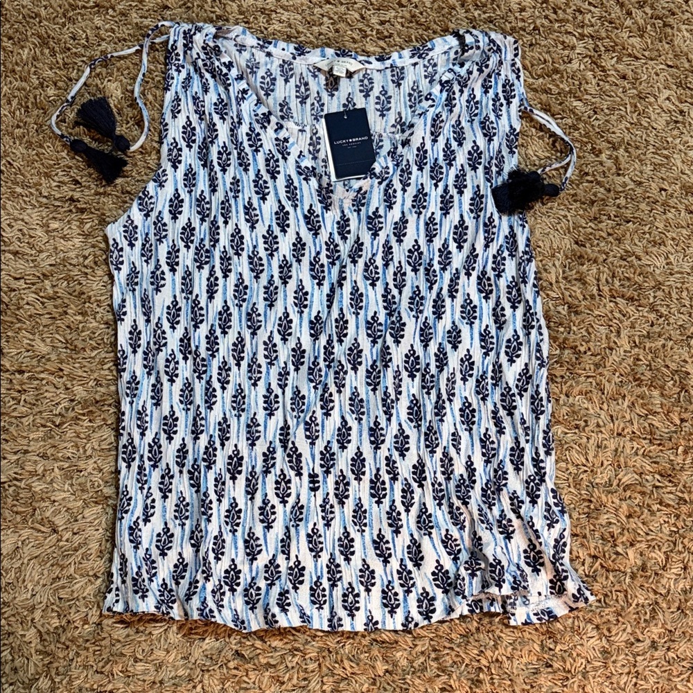 Lucky Brand Navy and White Leaf Print Blouse Sz L